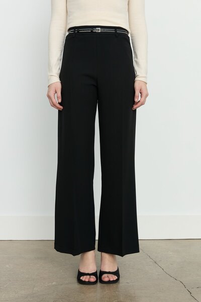 Nihan Beli İnce Kemerli Düz Paça Pantolon Siyah