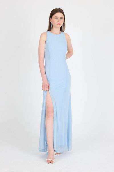 Rays Baby Blue Side Slit Τούλι Μακρύ Φόρεμα 251657
