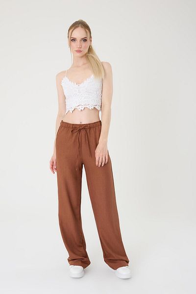 Hazel Women's Brown Linen Blended Loose Cut Trousers