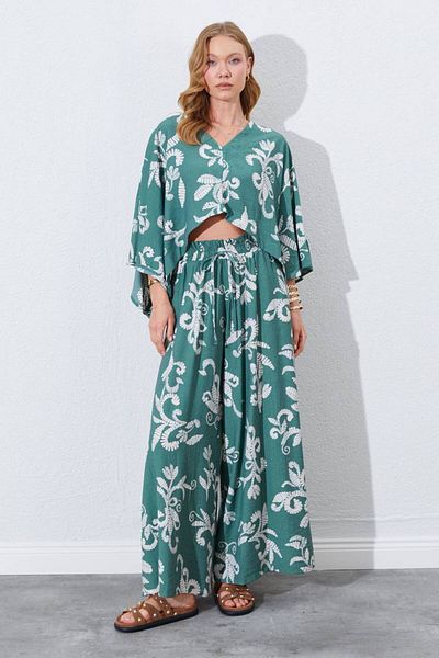 MODAMOR Flower Patterned Linen Kimono & Pants Double Set