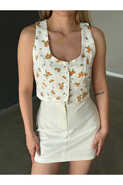 Tumtum Wear Çiçek desenli düğmeli günlük şık yelek