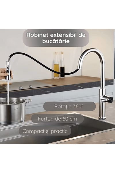 Regaleon Robinet de Bucatarie Extensibil REGALEON®, cu Cap de Spalare Retractabil si Perie, Rotire 360°