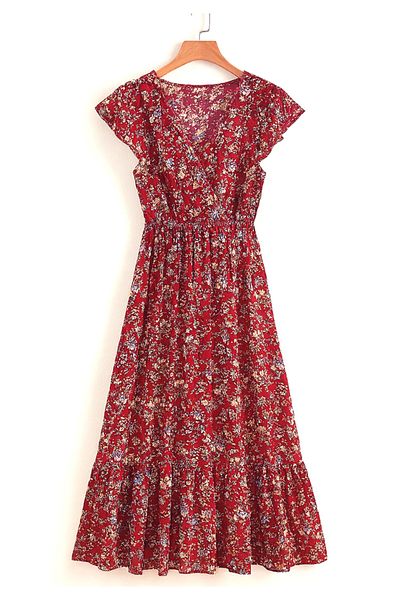 Little Visqon Women Short Sleeve Double Breasted Lapel Elastic Waist Floral Print Dress