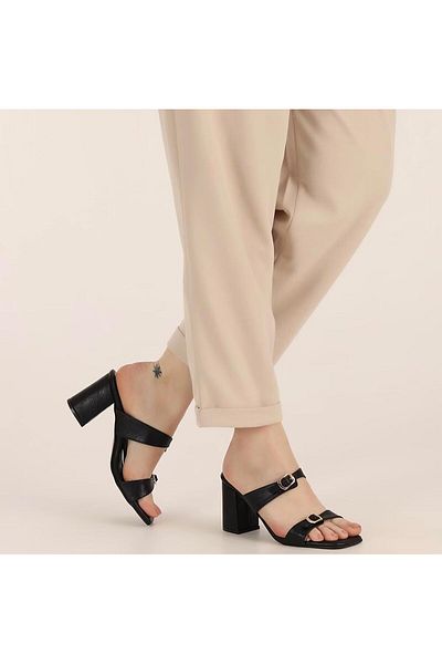 BAYRAMOĞLU KUNDURA Byk Double Tape Buckle Detail Thick Heel Stylish Women's Slippers