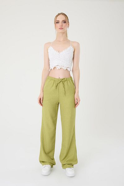 Hazel Women's Oil Green Linen Blend Loose Cut Trousers