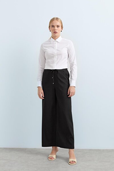 Nihan Beli Lastikli Çizgili Bol Paça Pantolon Füme