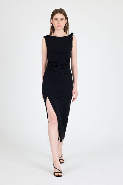 Rays Black Slit Detailed Drape Strap Midi Dress 241733
