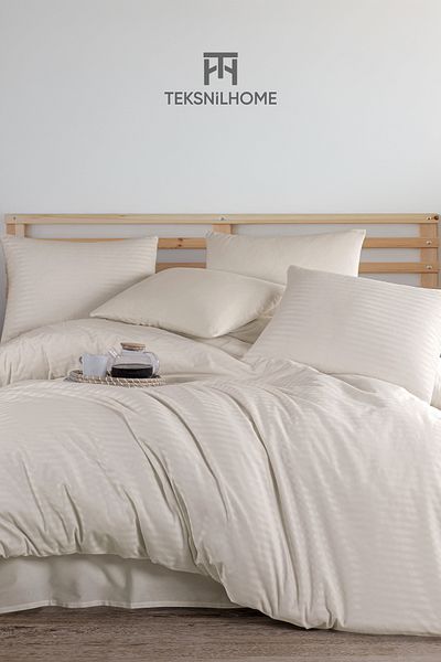 TeksNil Home 100% Cotton Cream Natural Stripe Duvet Cover Set 3 Pieces (Double)