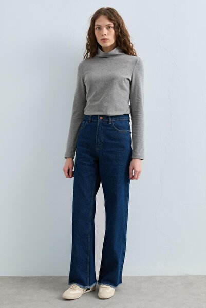 Nihan Bol Paça Yüksek Bel Kot Denim Pantolon İndigo