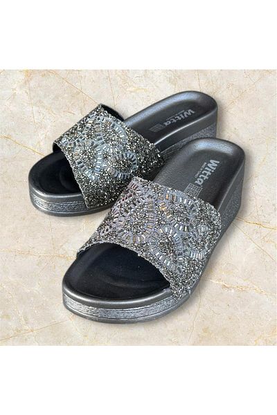Witta Women's Gray Wedge Heel Stone Slippers