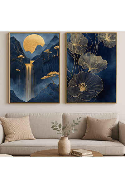 seninürünün Auriu albastru - 2 tablouri moderne cu imprimare auriu pe sticlă autentică, cu cadru metalic din aluminiu auriu