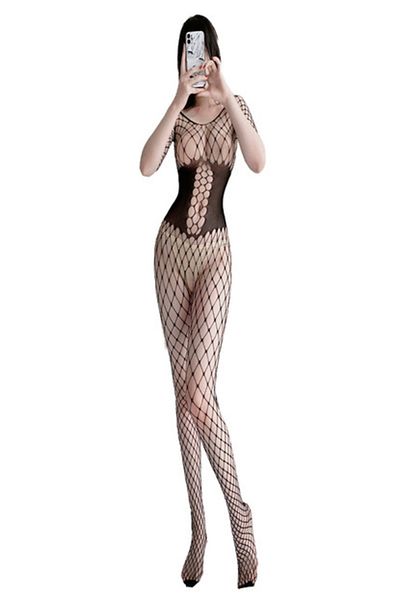 Tessero Lenjerie sexy de dama, model plasa body stockings si corset, Tessero, marime universala, negru