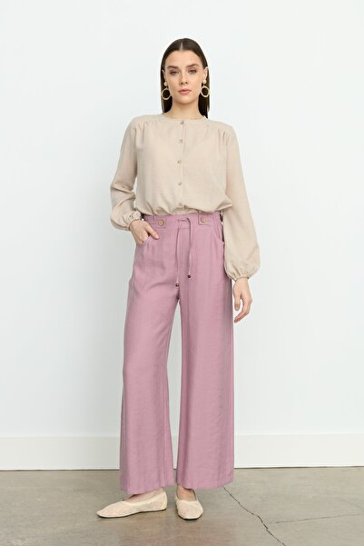 Nihan Beli Lastikli Bol Paça Tencel Pantolon Lavanta