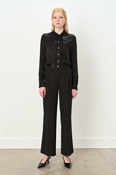 Nihan Çift Pileli Palazzo Poly. Viskon Pantolon Siyah