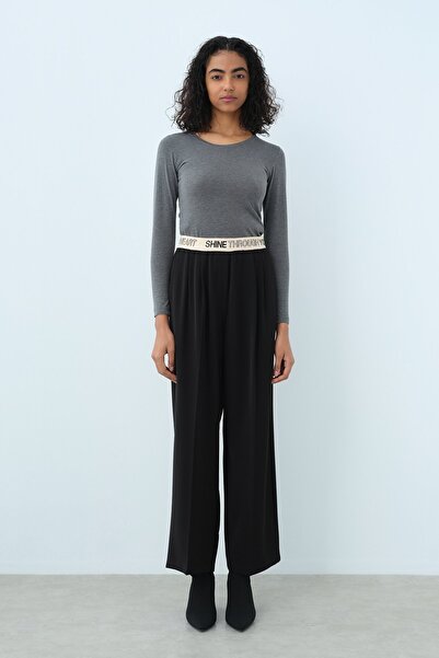 Nihan Önü Pilili Bol Paça Pantolon Siyah