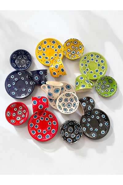 Artistic Quality Decorative 6-Person Stylish Tulip Tile Designed Completely Handmade Coffee Cup and 10 cm Sauce Cup