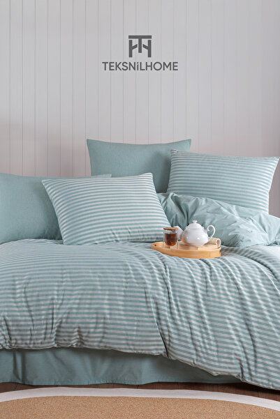 TeksNil Home طقم غطاء لحاف مخطط طبيعي أخضر قطن 100% 3 قطع (مزدوج)