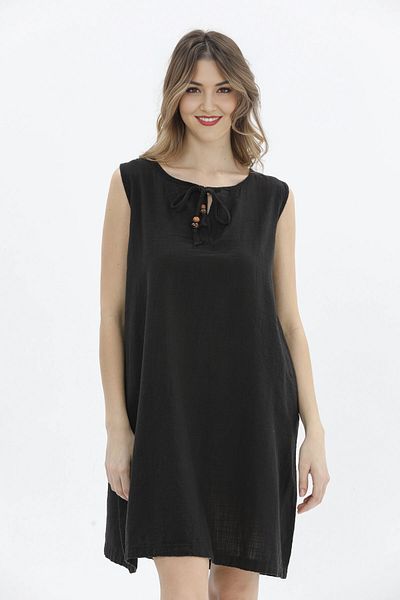 Modasultan Zero Sleeve Back Pleat Detail Double Pocket Collar Lace up Midi Length Muslin Linen Dress
