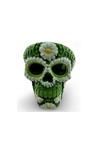 OEM Scrumiera jumatate de Craniu, verde cu detalii florale albe, Pictata manual