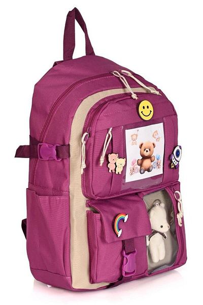 Catwins Rucsac de școală în stil coreean Kawaii cu accesorii și ursuleț de pluș fucsia