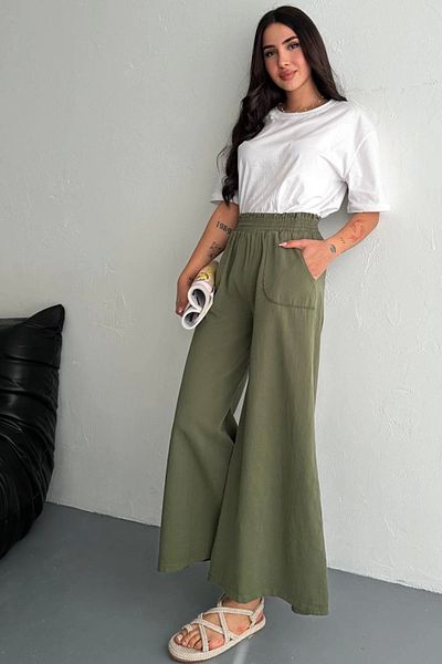 SESUME Flared Leg Khaki Gabardine Elastic Waist Trousers