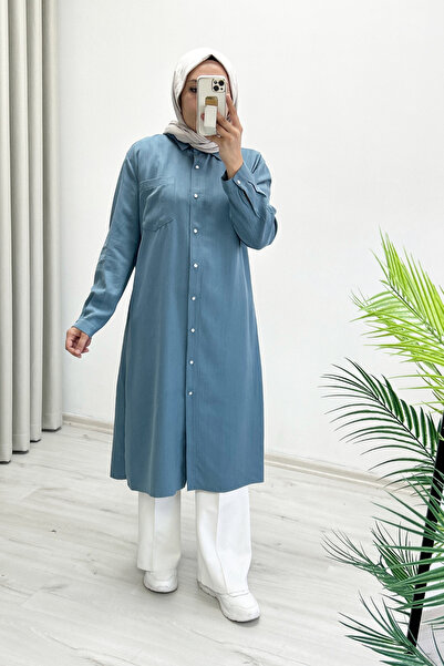 My Magazin Rahat Kalıp Yazlık Efil Kumaş Çıtçıt Düğme Detaylı Uzun Tesettür Kadın Gömlek