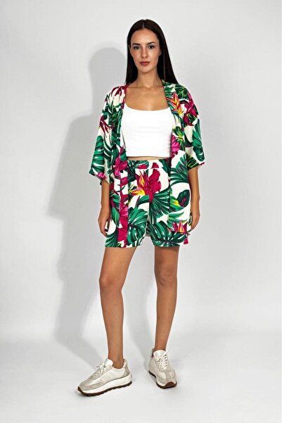 Betimoda Woven Viscose Relaxed Fit Kimono Shorts Top and Bottom Set Green