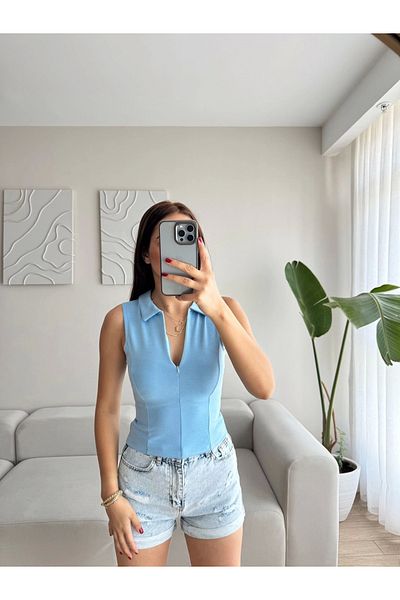 Zoom Butik Halter Polo Neck Zipper Crop - Blue