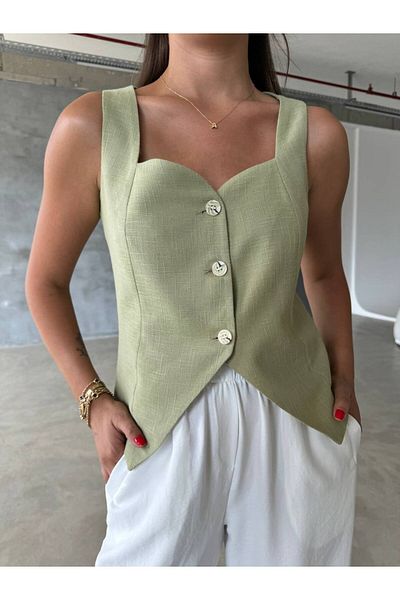 Tumtum Wear Button Detailed Linen Heart Collar Vest