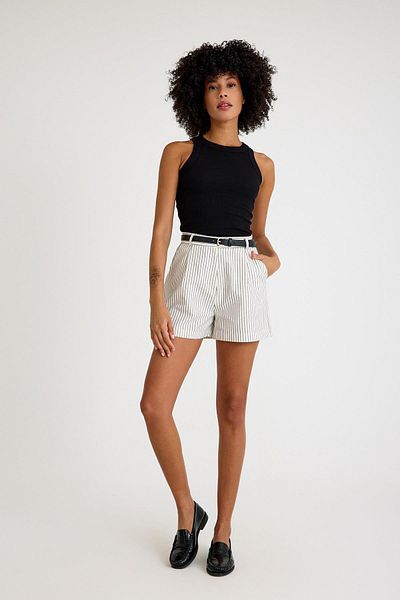 NİLİST High Waist Black and White Striped Belted Classic Shorts