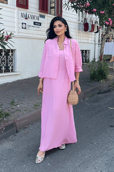 giyimmasalı Modal Fabric Dress Shirt Set - Pink