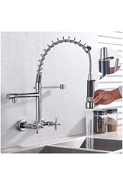 TAFASSELL Water-tap Chrome Brass Kitchen Faucet Vessel Sink Mixer Tap Spring Dual Swivel Spouts Sink Mixer Hot