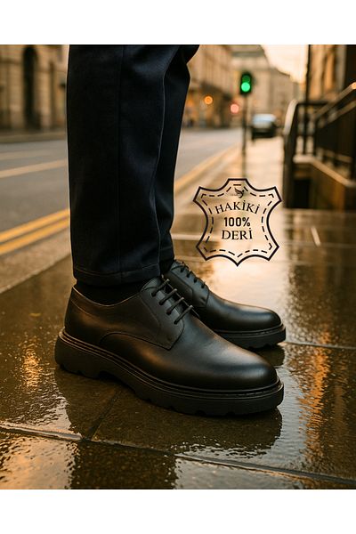 Liarca Imperia Men's Black Genuine Leather Classic Shoes |   Thick Soled Lace-Up Derby Model |   Business Office