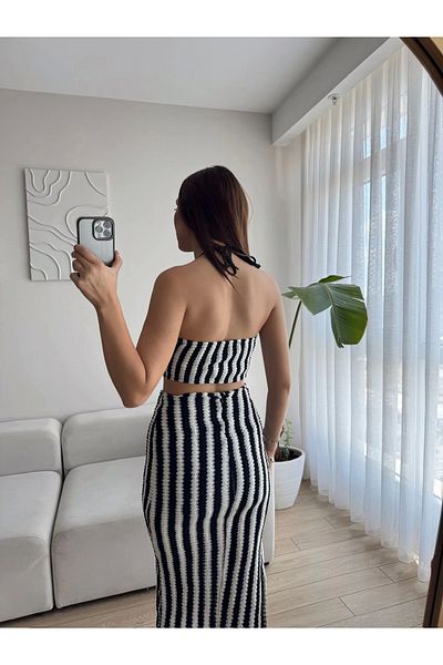 Zoom Butik Striped Crop & Slit Skirt Set - Black