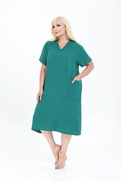 mervemoda Women's Summer V-Neck Woven Dress Short Sleeve Dress Below the Knee