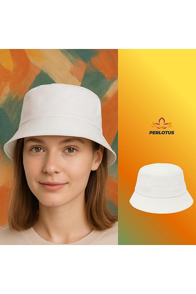 PERLOTUS Unisex White Bucket Bucket Hat Cotton Fabric Sunscreen Casual Hat