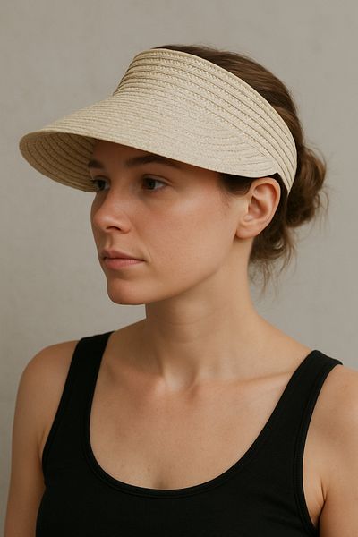 CosmoOutlet Women's Cream Straw Wide Visor Adjustable Summer Sunscreen Visor Beach and Sports Hat