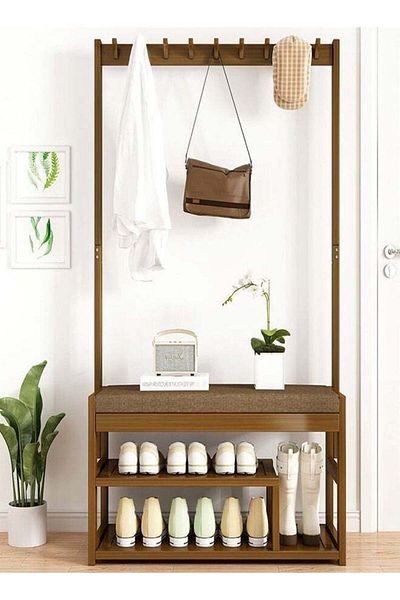 Raffine Multipurpose Use Modern Design Shoe Rack and Clothes Hanger with Holding Hooks with Built in Shoe Ch