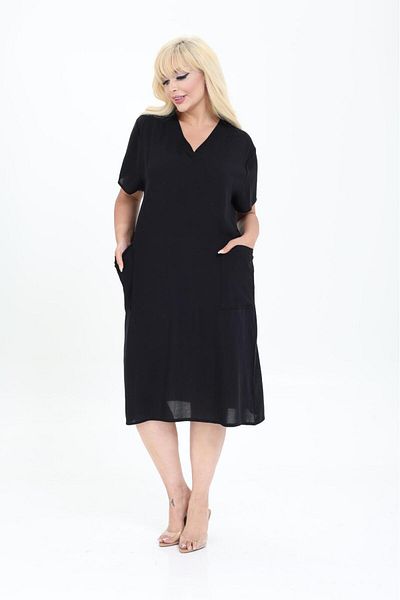 mervemoda Women's Summer V-Neck Woven Dress Short Sleeve Dress Below the Knee