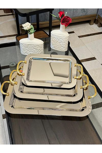 aljahwari 3-piece serving tray set, two-tone nickel