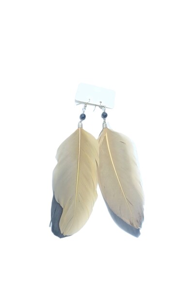 SYAZE Beige Natural Feather Detailed Long Earrings