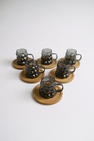 UCR HOME Kulplu Kahve Yanı Mini Üzüm Boncuk Bardak Sunum Bardağı ve Ahşap Altlık 6 lı Set 90 ml