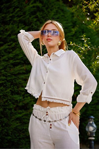 EsSo butik Kadın Klasik yaka Püskül Detaylı Uzun Kollu Kısa Keten Gömlek