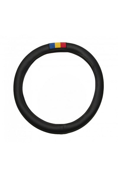 CED AUTO TRADE Black perforated imitation leather steering wheel cover with ROMANIA flag, diameter 45 - 46 cm, compatible with RENAULT