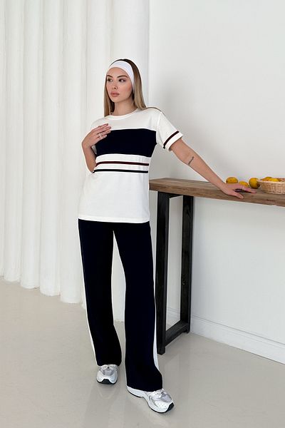 MİROR Women's Navy Blue Striped Modal Fabric Short Sleeve Tracksuit Set