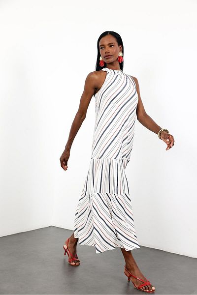 5in1Canpolat White Striped Skirt Flounced Dress 30126