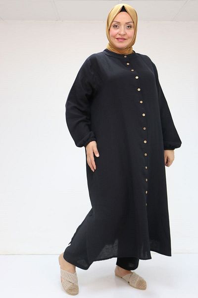 Eslina 57044 Plus Size Button-Down Muslin Pants Suit with Elastic Sleeves - Black