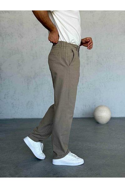 MODA Beige Cotton Linen Zippered Belt Detail Pants