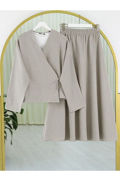 Modamorfo Linen Suit with Side Tie Skirt - Beige