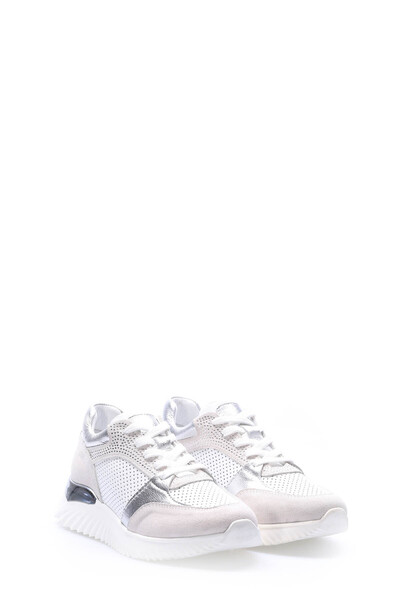 TUGERDİ Tugerdi White Silver Genuine Leather Lace-Up Thermo Sole Women's Casu...